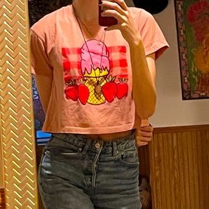 pink cropped strawberry graphic tee